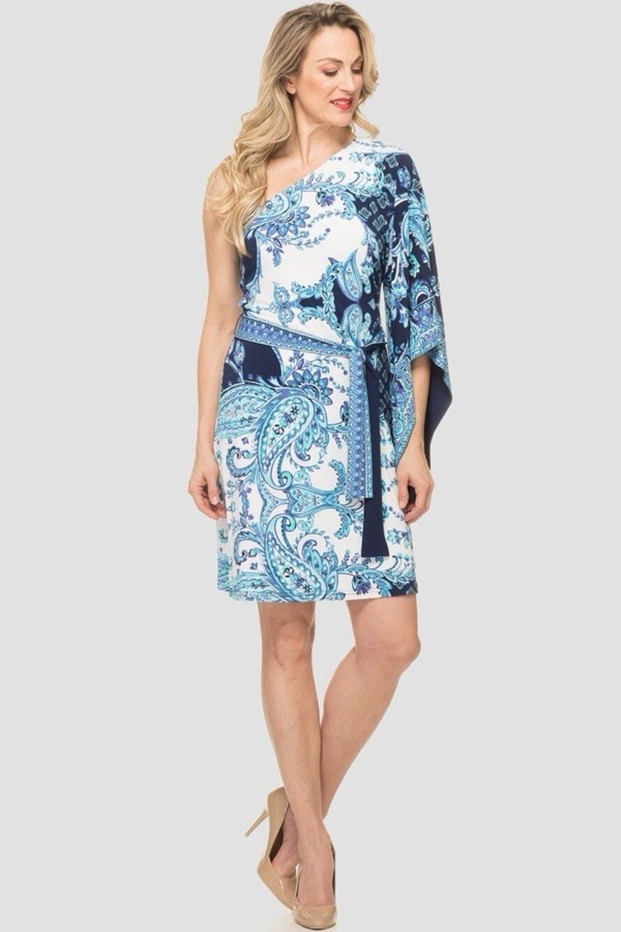 Joseph Ribkoff One Shoulder Paisley Dress Womens 6 Blue White Belted Sheath